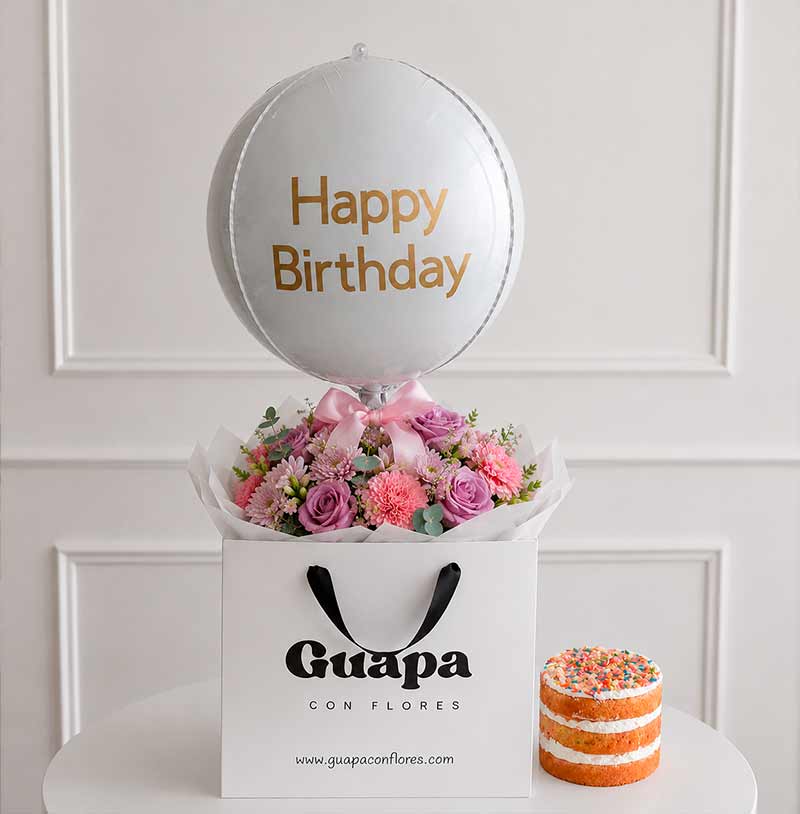 flores a domicilio de cumpleaños con globo y pastel entrega rápida
