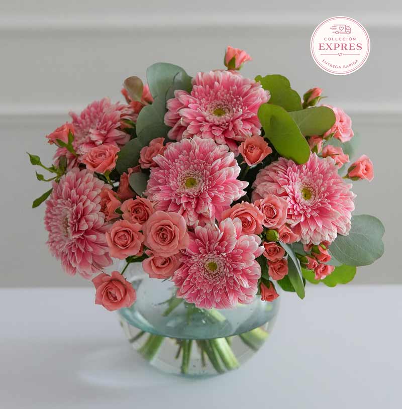 arreglo de rosas mini con gerberas pompón para regalar y enviar el mismo día