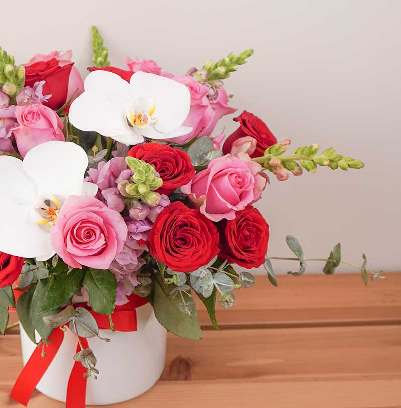 arreglo de rosas rojas con perrito