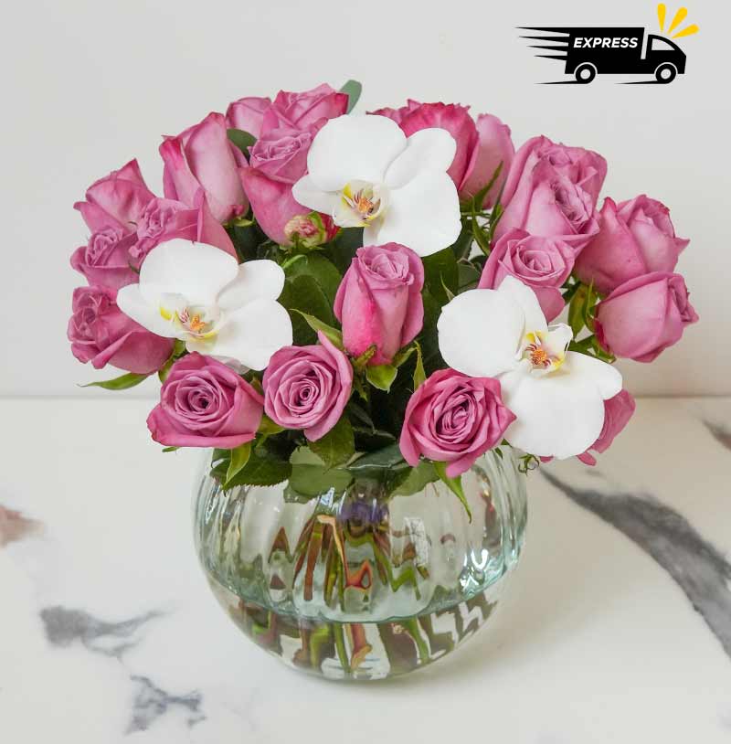 envia flores rosas moradas con orquídeas a domicilio