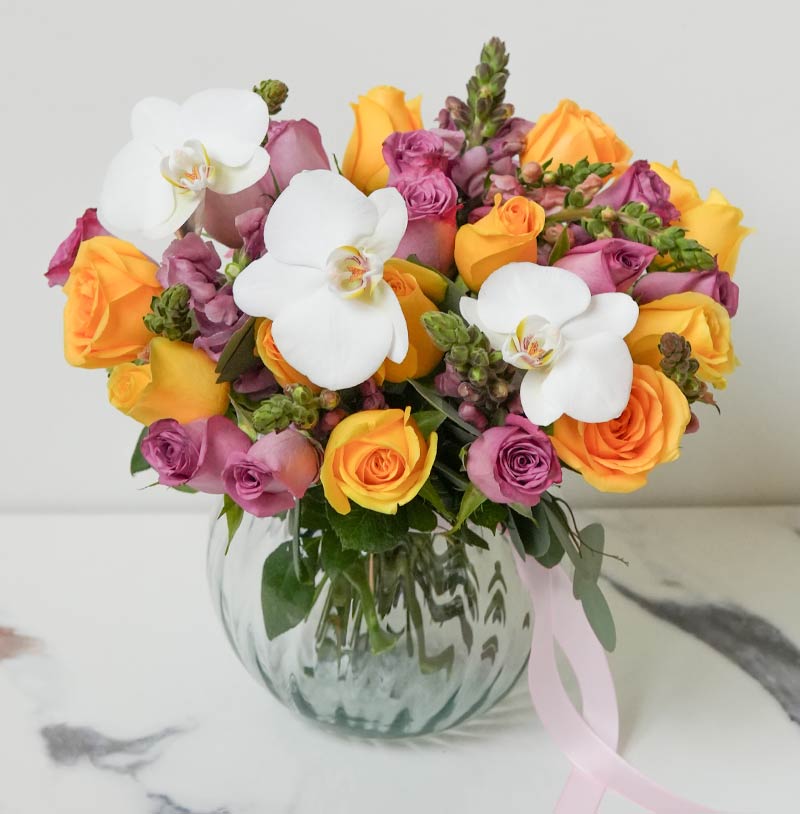 enviar flores rapido arreglo de rosas amarillas moradas y orquídeas