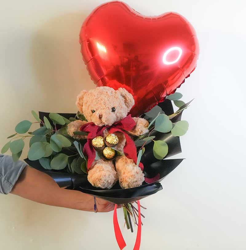Ramo de oso de peluche y globos - 14 de febrero